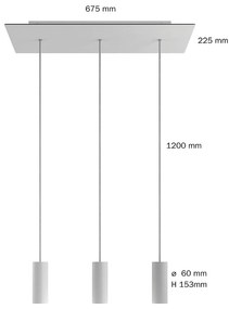 Luminária pendente para 3 luzes com 675 mm retangular XXL Rose-One, com cabo de tecido e abajur Tub-E14 de metal - Satin Steel Dibond Sim