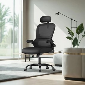 Cadeira de escritório ergonómica com tecido de malha e apoios de braços rebatíveis preta