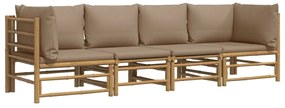 4 pcs conj. lounge jardim bambu c/ almofadões cinza-acastanhado
