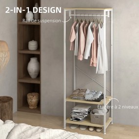 Guarda roupa aberto com varão e 2 prateleiras para sapatos 60 x 40 x 167,5 cm Aspecto de madeira clara e metal branco