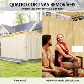 Pérgola de Jardim 385x295x225 cm com Teto Ondulado 4 Cortinas Removíveis Proteção UPF50+ e Estrutura de Aço Bege