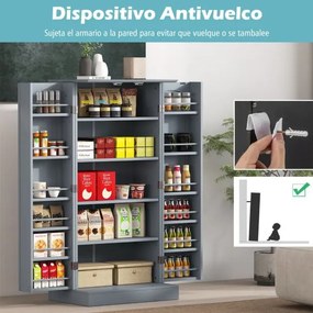 Armário de despensa cozinha com 2 portas e 16 prateleiras Dispositivos antivolto Armário moderno para sala de jantar 60 x 40 x 120 cm Cinza