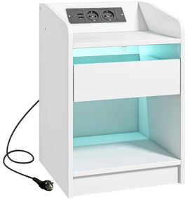 HOMCOM Mesa de Cabeceira com Luzes LED Gaveta Prateleira Estação de Carregamento Entrada USB e Controlo Remoto 40x40x58 cm Branco | Aosom Portugal