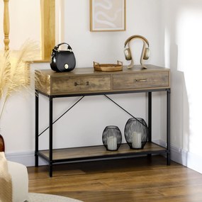 Mesa Consola Industrial Mesa de Sofá com 2 Gavetas e Prateleira para Entrada com Pés de Metal Castanho e Preto