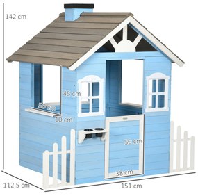 Outsunny Casa de Madeira para Crianças Casa de Madeira Infantil Exterior para Crianças de 3-7 Anos com Porta Janelas Vasos e Cercas Laterais 151x112,5x142 cm Azul