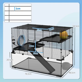 Gaiola para hamsters e roedores de 3 andares com roda, rampas, casinha, bebedouro e comedouro – 76,5 x 48,5 x 54,5 cm – preta