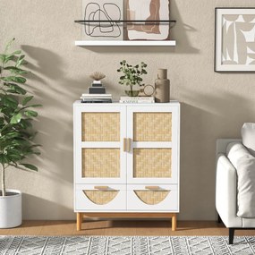 Aparador Tavira com Portas de Bambu e Gavetas – 80x35x98 cm – Branco e