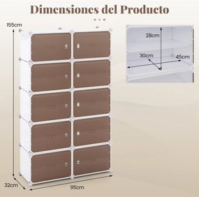 Sapateira com 10 compartimentos 95 x 32 x 155 cm com prateleiras removíveis Ganchos laterais e portas magnéticas branco