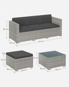 Conjunto móveis Jardim em polyrattan PE com almofadas e mesa de vidro cinzento