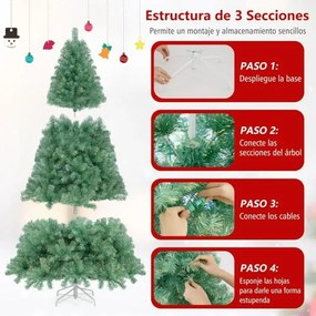 Árvore de Natal pré-iluminada de 180 cm artificial com 688 pontas de ramos 250 luzes LED brancas quentes 8 modos Suporte verde