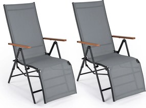 Conjunto de 2 Espreguiçadeiras Dobráveis (MESA NÃO INCLUIDA), 57 x 72-138 x 91-110 cm, Encosto Ajustável em 5 Posições, Cinzento