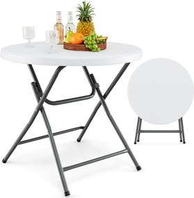 Mesa jardim redonda dobrável 81 x 81 x 73,5 cm  com tampo grosso em HDPE e estrutura metálica robusta para uso interno e externo Branca