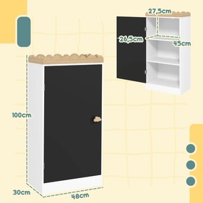 Móvel de arrumação infantil 48 L x 30 P x 100 A cm, arrumação para brinquedos com porta em quadro negro, 3 compartimentos e prateleira superior, branc