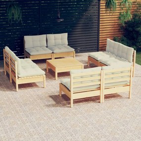 vidaXL 9 pcs conjunto lounge jardim c/ almofadões cor creme pinho