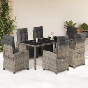 7 pcs conjunto de jantar p/ jardim c/ almofadões vime PE cinza