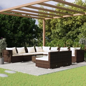 vidaXL 10 pcs conjunto lounge jardim c/ almofadões vime PE castanho