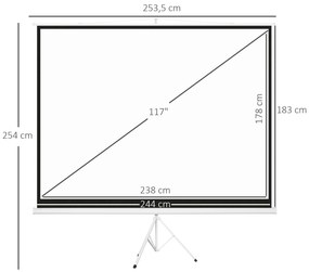 Tela de Projeção Manual com Suporte 120 Polegadas Formato 4:3 com Altura Ajustável 244x183 cm Branco