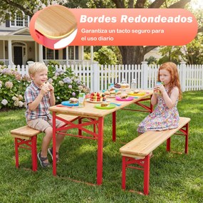 Conjunto de mesa e 2 bancos dobráveis para crianças, com tampo em madeira de abeto e estrutura metálica, para piqueniques de 4 pessoas, idades entre o