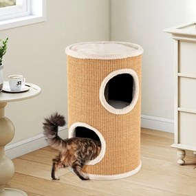 Arranhador para gatos 36 x 59,5 cm em forma de barril com plataforma superior espaçosa, de 2 níveis em sisal natural Caqui