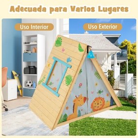 Conjunto de casa de madeira triangular 2 em 1 para 2 crianças dos 3 aos 8 anos com parede de escalada, campainha frontal e cortina amovível Natural