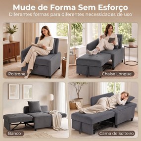 Sofá Cama Individual 4 em 1 Cadeirão-cama em Veludo com Encosto Ajustável e Bolsos Laterais Cinza Escuro