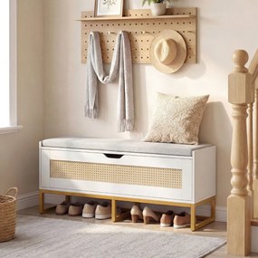 Banco com arrumação 100 x 35 x 44 cm com assento almofadado e dobradiças de segurança branco e dourado