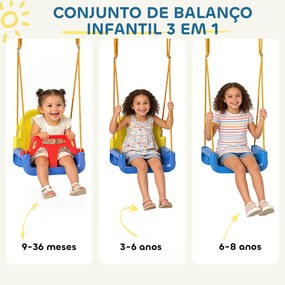 Baloiço para Bebés 3 em 1 Baloiço Jardim com Cordas Ajustáveis Cinto de Segurança Estrutura em A Dobrável 128x155x157 cm Azul