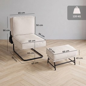 Poltrona com Apoio para os Pés e Encosto Ajustável em Bombazina com Assento Largo e Acolchoamento Espesso Creme