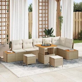 Conjunto de Sofá de Jardim vidaXL com 9 Peças e Almofadas Bege Rattan Acácia