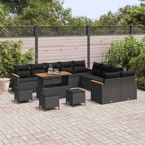Conjunto de Sofá de Jardim de 14 Peças com Almofadas Preto Rattan Poli