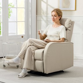 Poltrona Relax Reclinável Manual Revestida em PU com Apoio de Pés Retrátil Reclinável até 160º  65x89x100 cm Creme