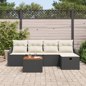 Conjunto de Sofá de Jardim de 6 Peças com Almofadas Preto Rattan Polié