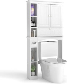 Armário de armazenamento Casa de Banho sobre Sanita com 2 portas 80 cm x 21 cm x 165 cm, prateleira ajustável e barra inferior, suporte para papel hig