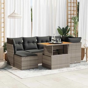 7 pcs conjunto sofás p/ jardim c/ almofadões vime PE cinzento