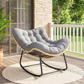 Cadeira de baloiço de jardim para interior e exterior, cadeira de baloiço em resina trançada com almofada macia, cinzenta