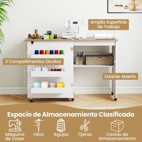Mesa de costura dobrável com prateleira e 3 compartimentos ocultos com rodas bloqueáveis Natural e Branca