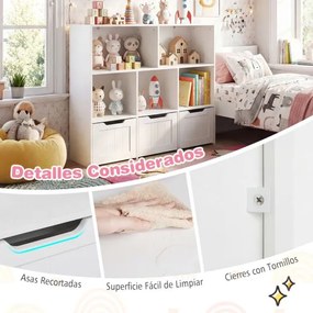 Estante infantil para brinquedos 100 x 33 x 90 cm com 5 compartimentos abertos e 3 gavetas móveis – Organizador de brinquedos com rodas para sala de j