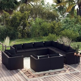 vidaXL 11 pcs conjunto lounge de jardim c/ almofadões vime PE preto