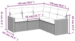 5 pcs conjunto sofás de jardim c/ almofadões vime PE cinzento
