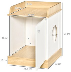 Casa para Gatos de Madeira Móvel Caixa de Areia para Gatos 2 em 1 com Bancada de Armazenamento Porta e Orifício de Entrada Lateral 48,5x53x67cm Branco