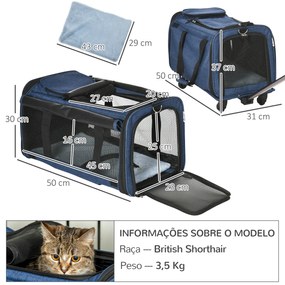 Transportadora para Animais de Estimação 4 em 1 com Rodas Bolsa de Transporte para Cães e Gatos 50x31x37 cm Azul