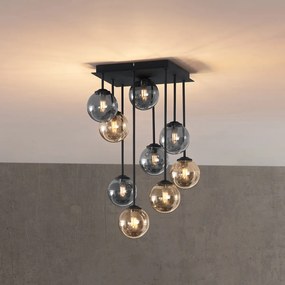 Candeeiro de Teto Moderno Preto com Âmbar e Vidro Fumê 9 Luzes - Athens