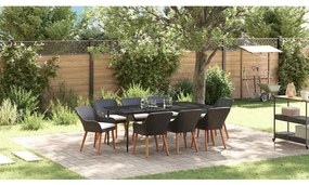 Conjunto de Jantar de 9 Peças Preto em Rattan e Poliéster