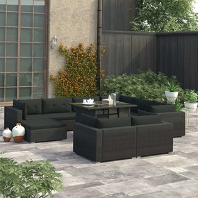 10 pcs conjunto lounge de jardim c/ almofadões vime PE preto