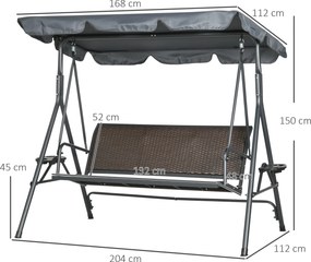 Baloiço de jardim de 3 lugares com teto de inclinação ajustável, porta-copos e tabuleiros, assento e encosto ergonómicos