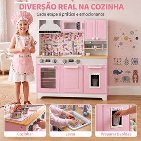 Cozinha de Madeira com Acessórios em Aço Inoxidável, Máquina de Café, Máquina de Gelo, Lava-loiça e Fogão Rosa