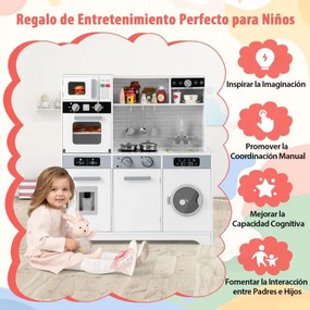 Cozinha de brincar para crianças em madeira com lava-loiça, torneira, dispensador de água, forno micro-ondas, máquina de lavar roupa, luzes e sons Bra