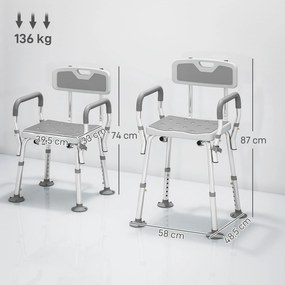 Banco de duche, cadeira de duche ergonómica, altura ajustável, pés antiderrapantes, 56,5 x 53,5 x 87 cm, branco e cinzento