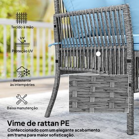 Conjunto de Jardim Exterior de Vime com Sofá de 2 Lugares, Chaise Longue e Mesa de Centro com Vidro Temperado Azul Claro