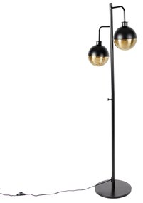 Candeeiro de pé industrial preto com latão 2 luzes - Haicha Industrial